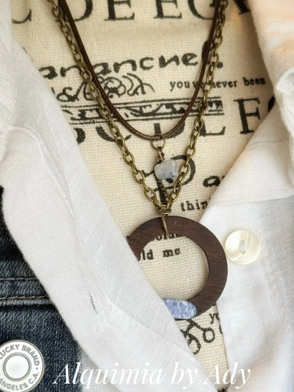 LAYERED LAPIS LAZULI Brown Wood Circle Necklace with Light Blue Stone